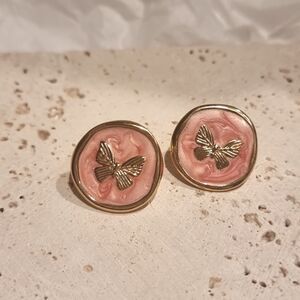 New Anthro 18k Gold stainless steel butterfly gold Pink coin round studs